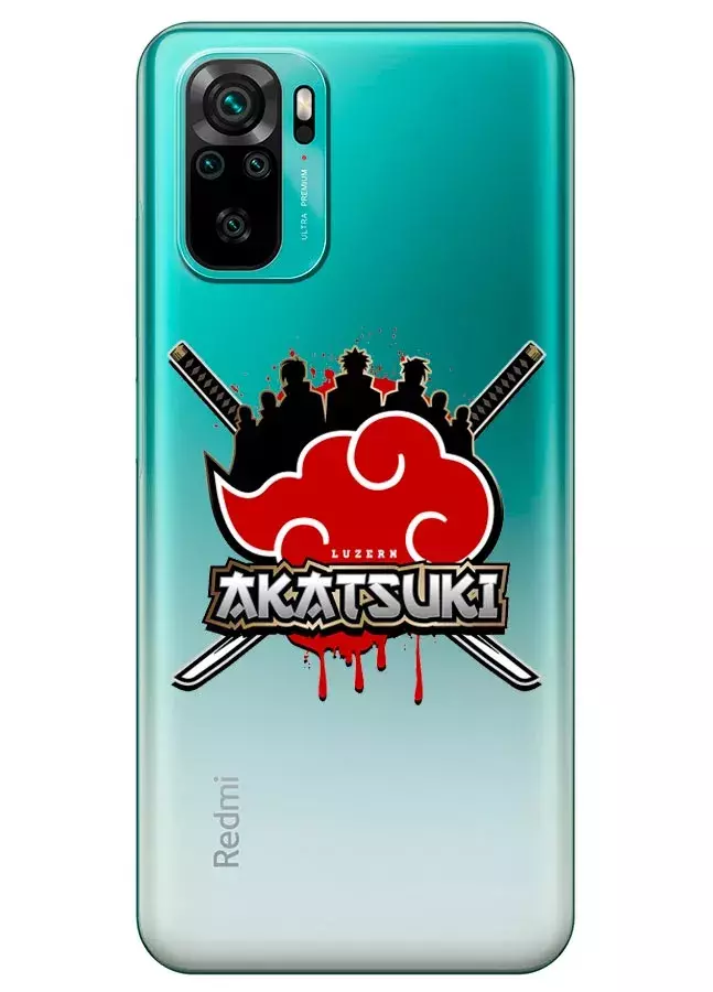 Чехол для Xiaomi Redmi Note 10 из прозрачного силикона - Naruto Akatsuki логотип